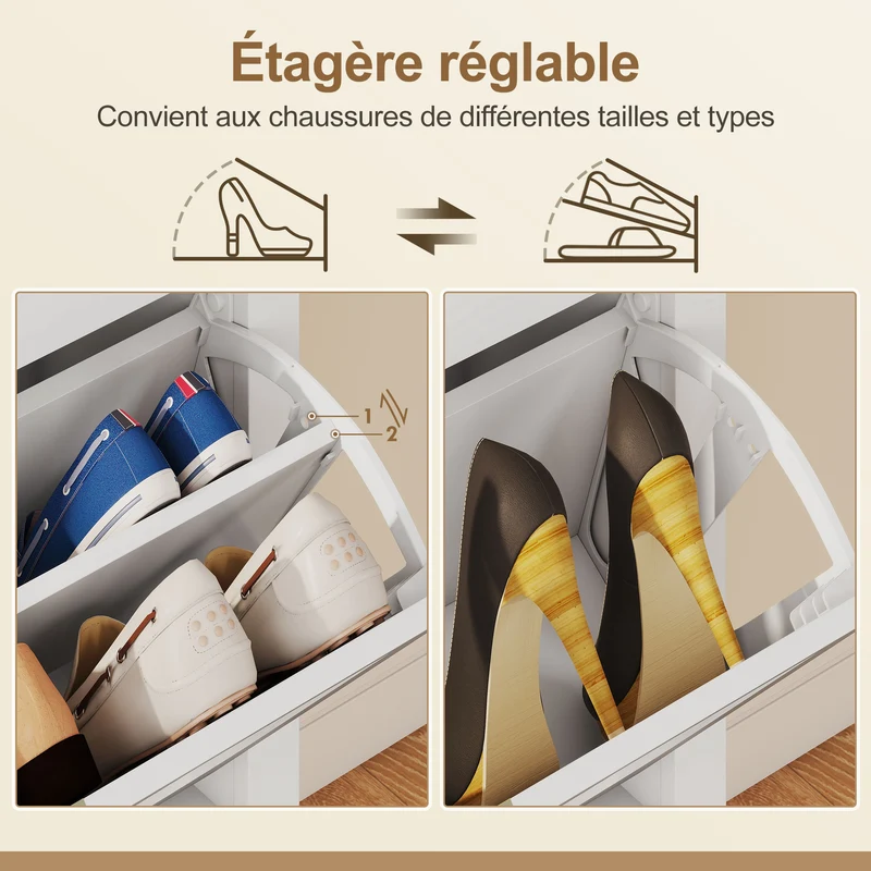 Meuble à chaussures d'entrée 80 x 24 x 95.5 cm rangement 14 paires gain de place bohème en panneau de particules blanc 21_0002767