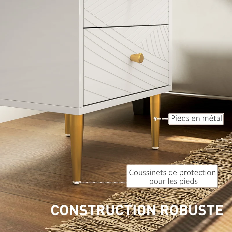 Table de chevet 40 x 35 x 50 cm 2 tiroirs rangement spacieux poignées ton or pieds acier moderne épuré en MDF blanc 21_0001626