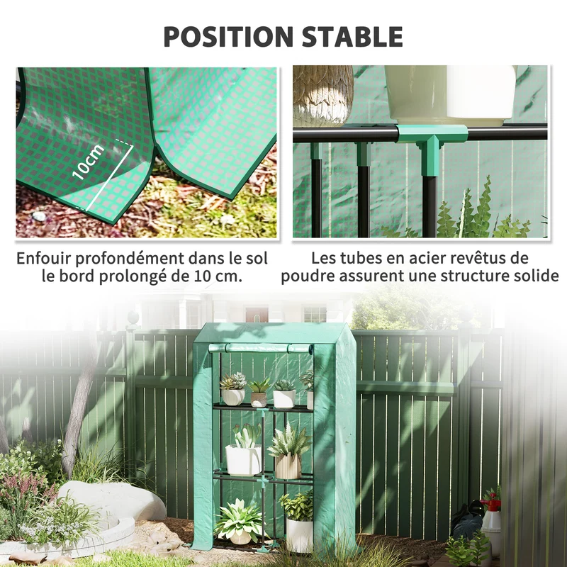 Serre de jardin trois niveaux 100 x 40 x 150 cm porte enroulable protection anti uv design moderne en polyéthylène vert 21_0005502