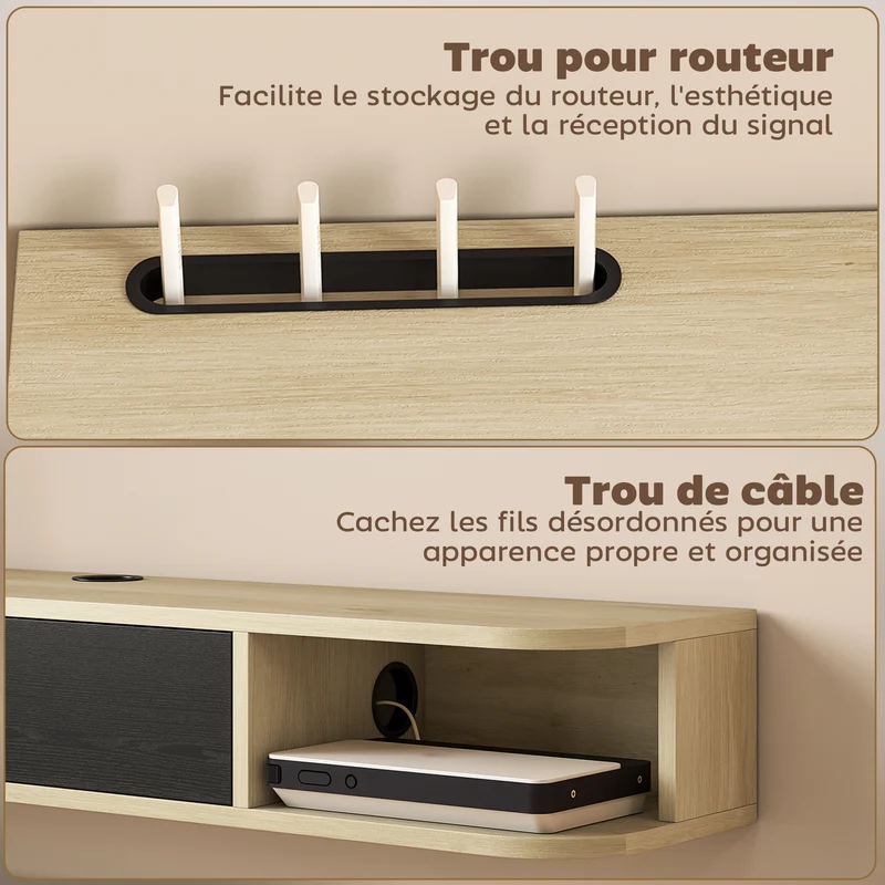Meuble télé suspendu mural 120 x 24 x 16 cm gain de place et cache câbles moderne épuré en panneau de particules noir 21_0003580