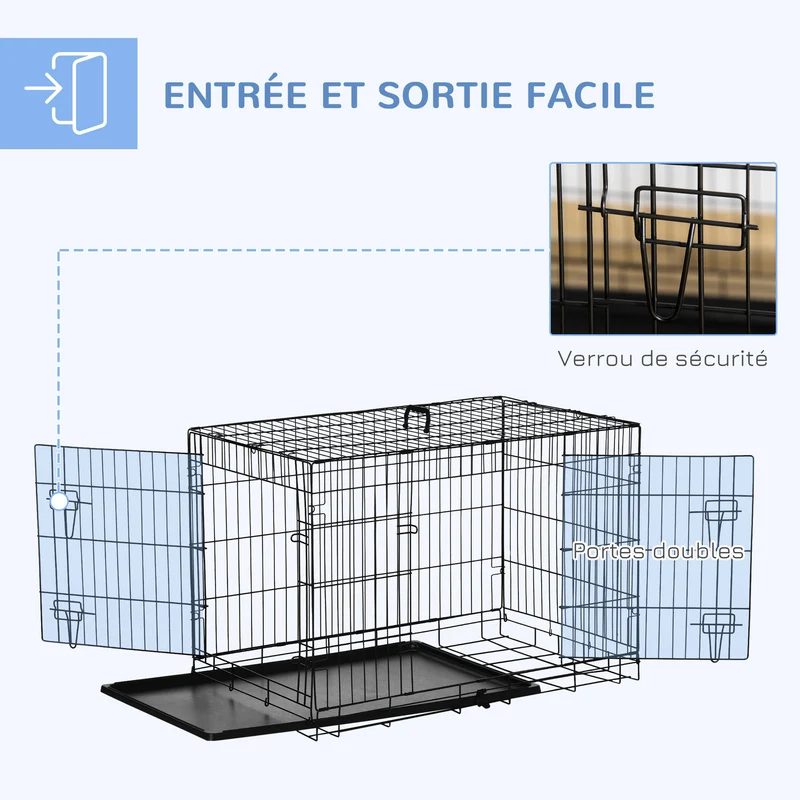 Lot de 2 cages pour chien 92 x 57 x 62,5 cm pliables double loquet sécurisée plateau amovible moderne en acier noir 21_0007322