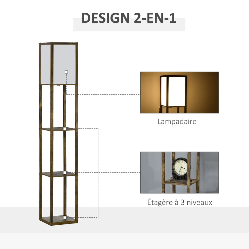 Lampadaire étagère salon 26 x 26 x 160 cm rangement 3 étagères éclairage intégré style contemporain épuré en MDF marron 21_0001746