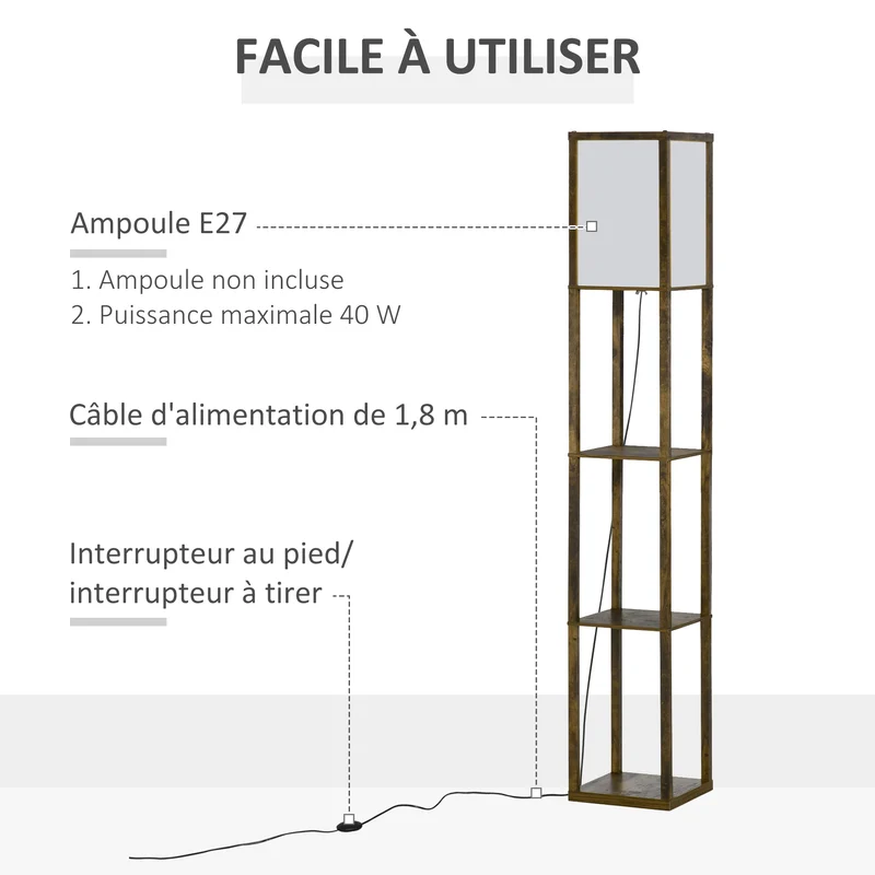 Lampadaire étagère salon 26 x 26 x 160 cm rangement 3 étagères éclairage intégré style contemporain épuré en MDF marron 21_0001746