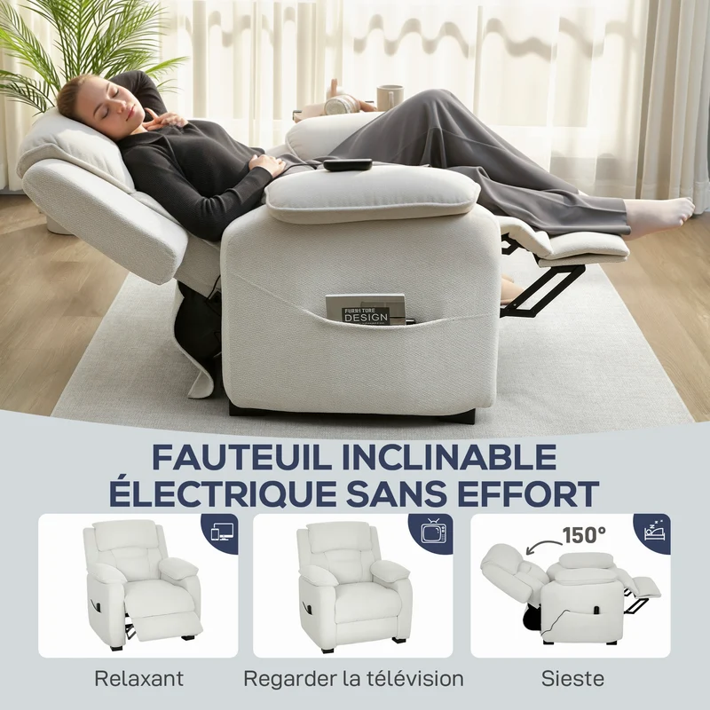 Fauteuil inclinable motorisé 86 x 90 x 103 cm repose-pieds positions mémorisables moderne contemporain en velours crème 21_0003622