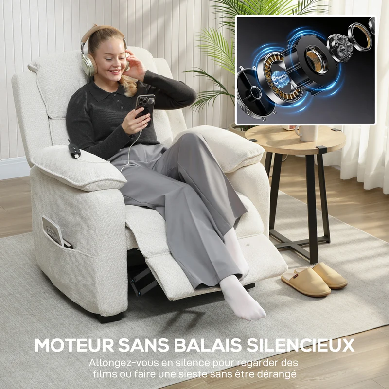 Fauteuil inclinable motorisé 86 x 90 x 103 cm repose-pieds positions mémorisables moderne contemporain en velours crème 21_0003622