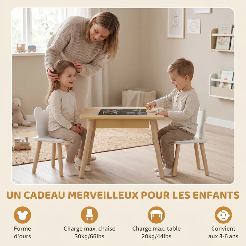 Ensemble table et chaises enfant forme ours 60 x 60 x 44 cm plateau réversible rangement scandinave en MDF bois naturel 21_0000212