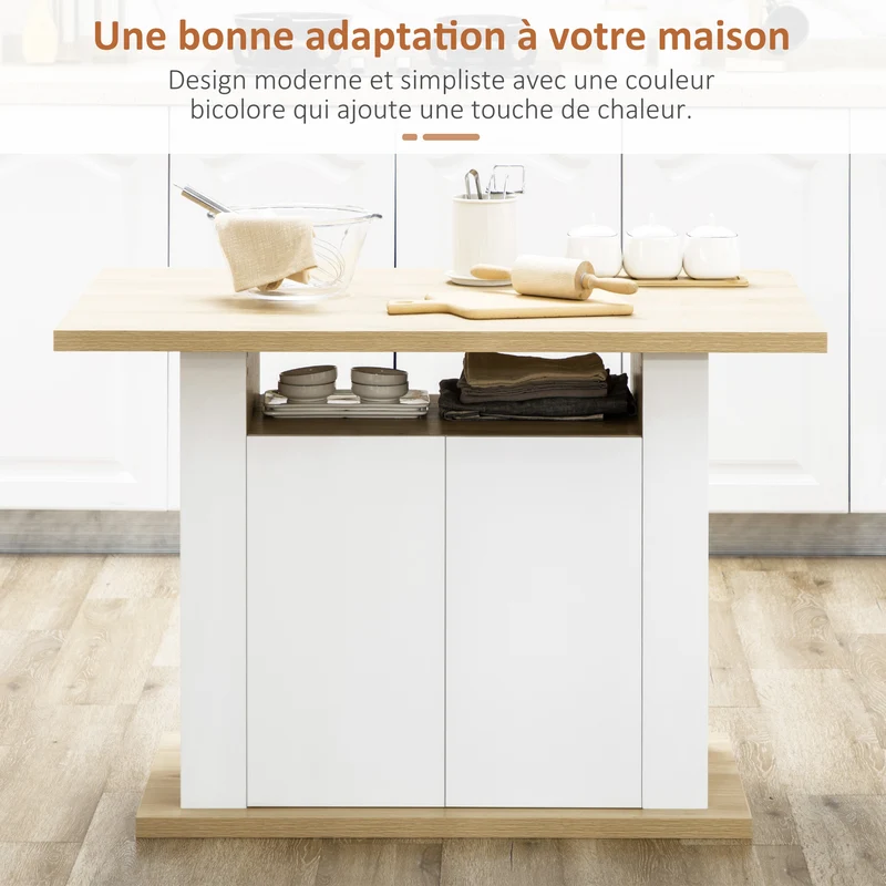 Table îlot cuisine 110 x 70 x 75,5 cm 4 personnes rangements portes étagères moderne épuré en panneau de particules blanc 21_0002333