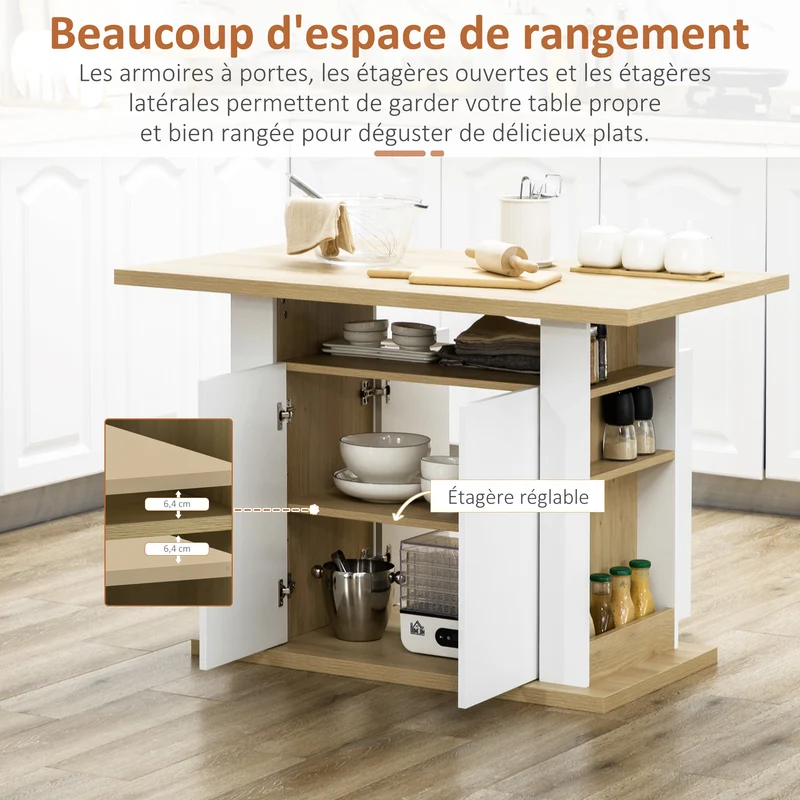 Table îlot cuisine 110 x 70 x 75,5 cm 4 personnes rangements portes étagères moderne épuré en panneau de particules blanc 21_0002333