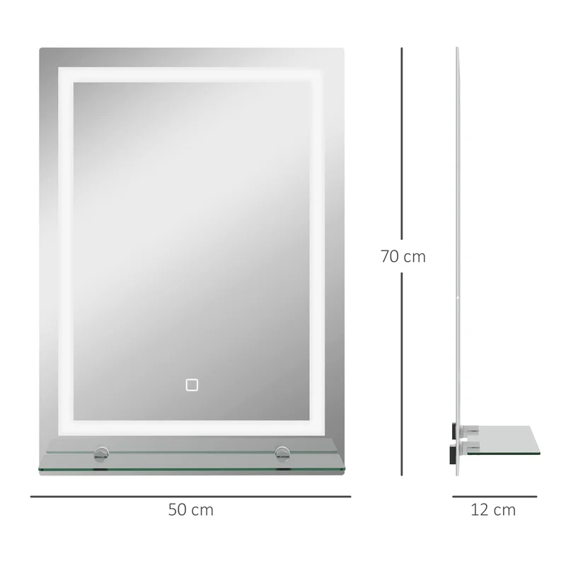 Miroir lumineux mural salle de bain 50 x 12 x 70 cm étagère intégrée interrupteur tactile épuré en verre trempé argenté 21_0001850