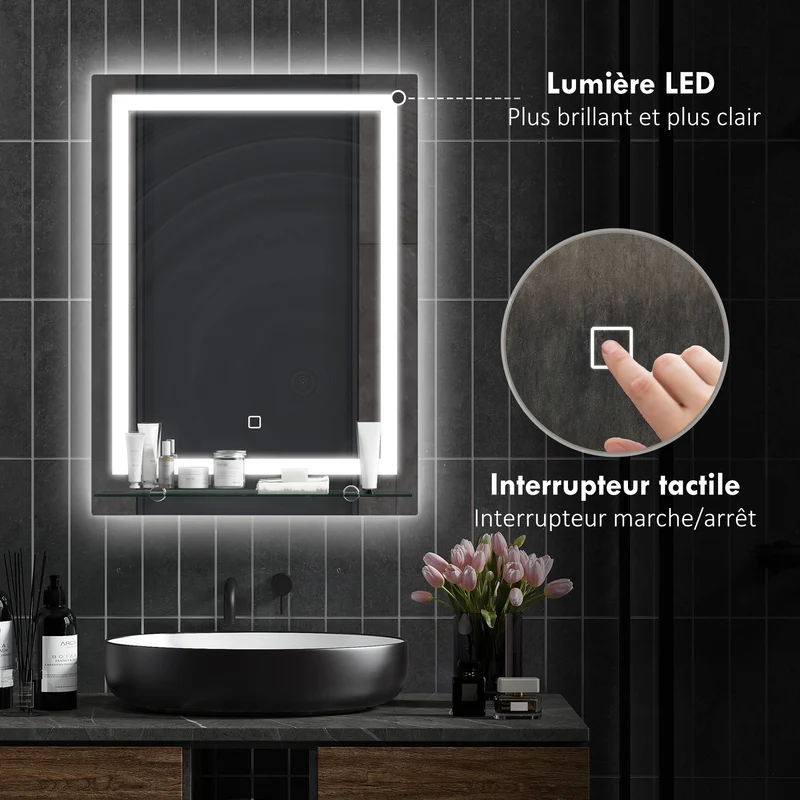 Miroir lumineux mural salle de bain 50 x 12 x 70 cm étagère intégrée interrupteur tactile épuré en verre trempé argenté 21_0001850