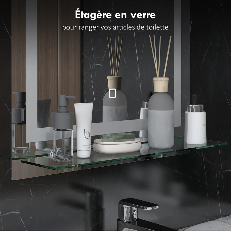 Miroir lumineux mural salle de bain 50 x 12 x 70 cm étagère intégrée interrupteur tactile épuré en verre trempé argenté 21_0001850