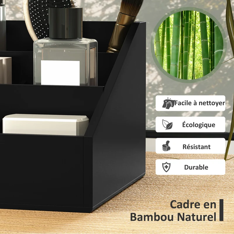 Boîte de rangement bureau 33 x 20 x 15 cm 7 compartiments 2 tiroirs compacte multifonction design épuré en bambou noir 21_0001733