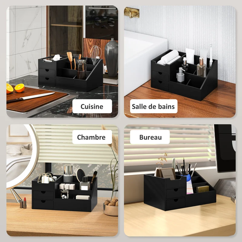 Boîte de rangement bureau 33 x 20 x 15 cm 7 compartiments 2 tiroirs compacte multifonction design épuré en bambou noir 21_0001733