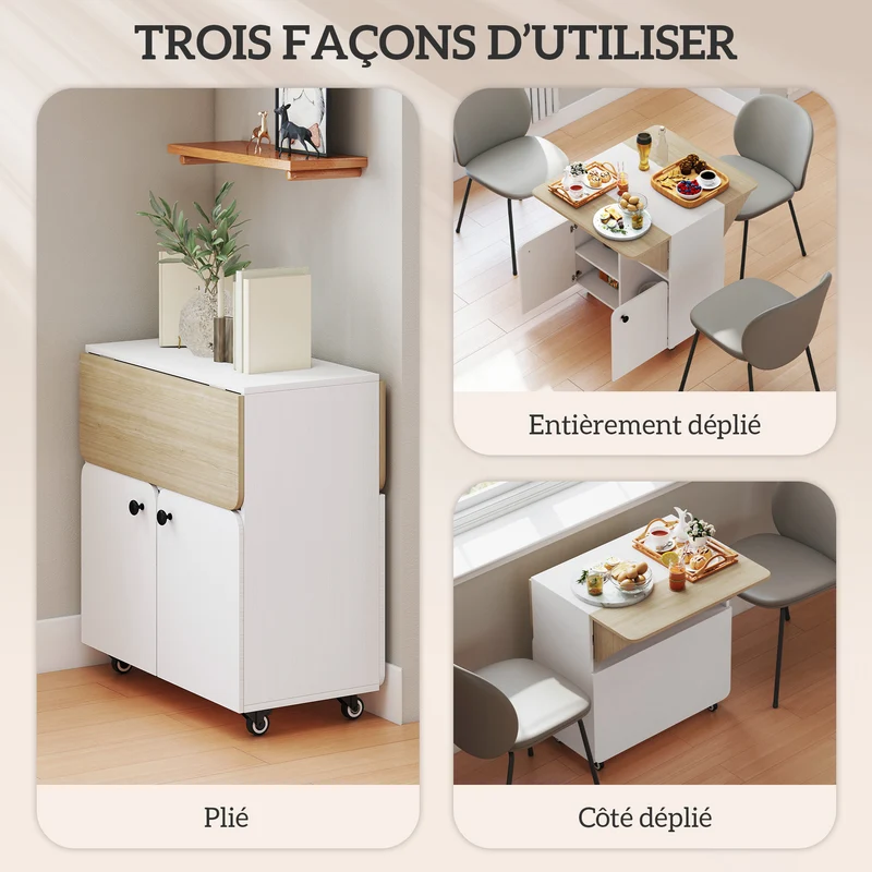 Table à manger pliante roulettes 70 x 83 x 75 cm gain de place modulable design épuré en panneau de particules blanc 21_0002284
