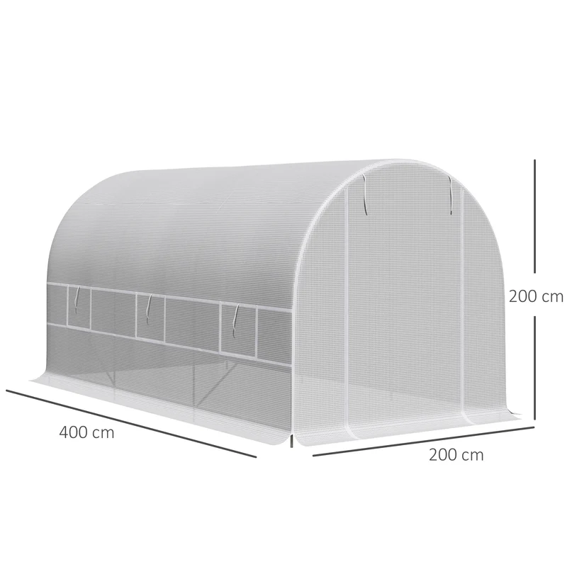 Serre tunnel de jardin 400 x 200 x 200 cm 6 fenêtres réglables porte zippée gain de chaleur épuré en polyéthylène blanc 21_0004056