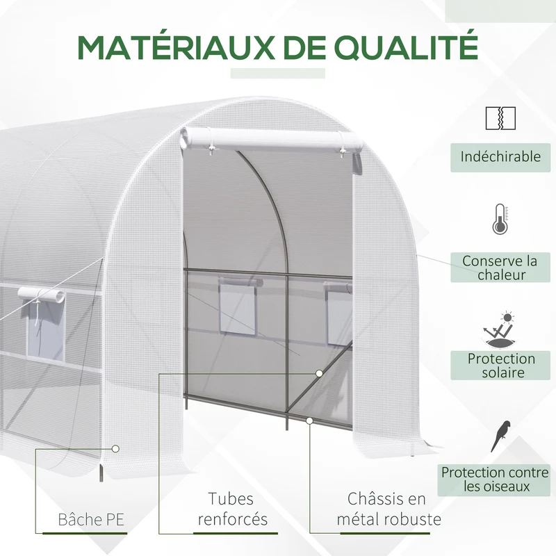 Serre tunnel de jardin 400 x 200 x 200 cm 6 fenêtres réglables porte zippée gain de chaleur épuré en polyéthylène blanc 21_0004056