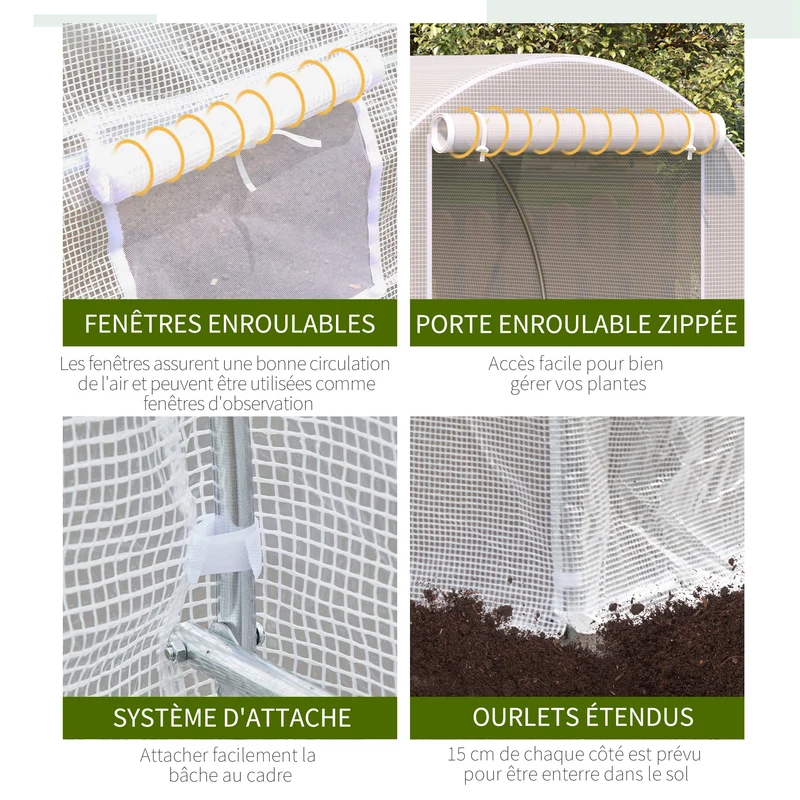 Serre tunnel de jardin 400 x 200 x 200 cm 6 fenêtres réglables porte zippée gain de chaleur épuré en polyéthylène blanc 21_0004056