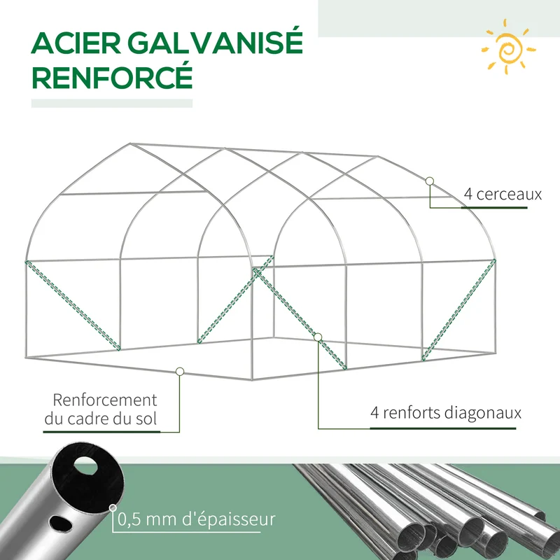 Serre tunnel de jardin 347 x 300 x 200 cm anti uv ventilation réglable porte zippée contemporain en polyéthylène vert 21_0004276