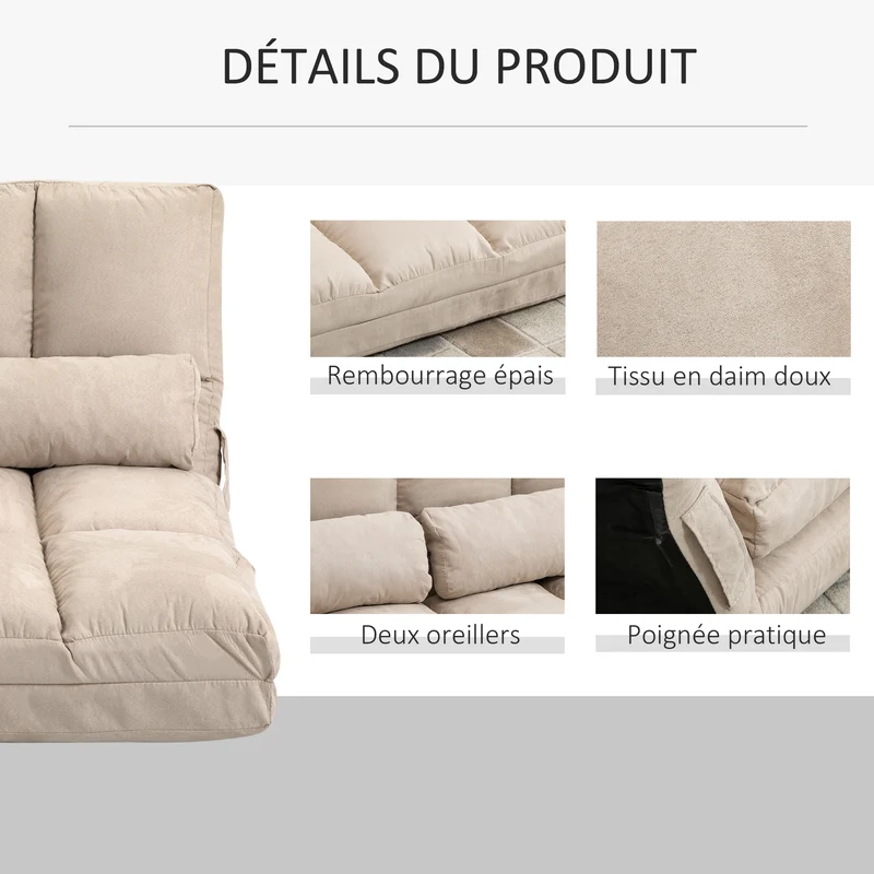 Chauffeuse convertible lit d'appoint 102 x 73 x 60 cm assise confortable dossier réglable tendance en polyester beige 21_0001825