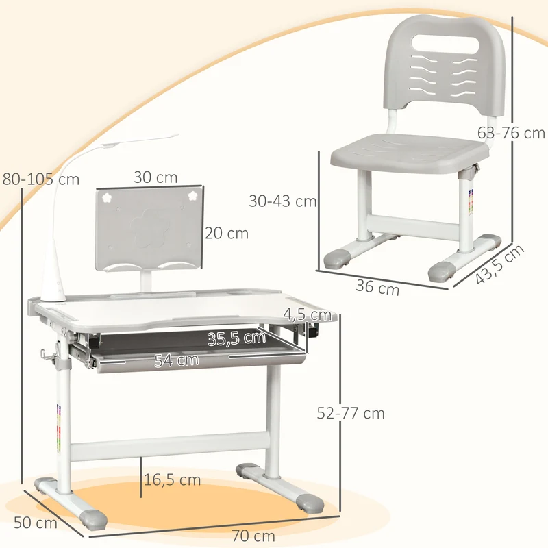 Bureau enfant et chaise 70 x 50 x 80-105 cm hauteur réglable plateau inclinable moderne épuré ambiance cosy en MDF gris 21_0000194