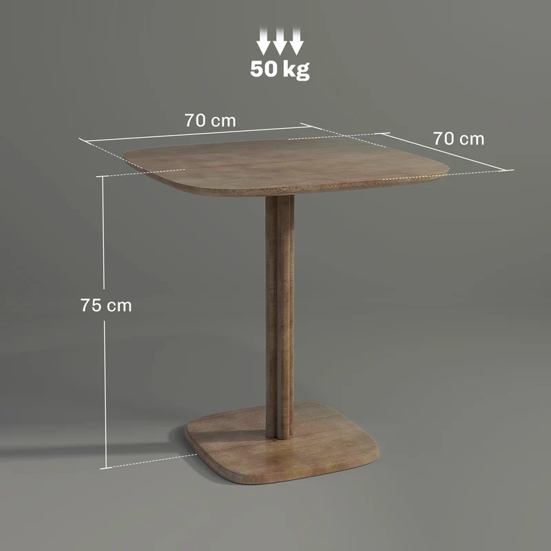 Table à manger carrée 70 x 70 x 75 cm plateau épais coins arrondis moderne épuré pour cuisine en bois d'hévéa marron 21_0003310