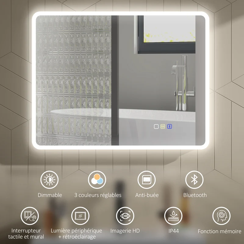 Miroir de salle de bain mural 90 x 70 x 3,5 cm éclairage à led réglable anti-buée tactile design en verre trempé argenté 21_0002091