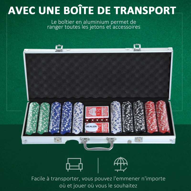 Mallette de poker professionnelle portable 55,5 x 22 x 6,5 cm 500 jetons tournois complète moderne en aluminium argenté 21_0006638