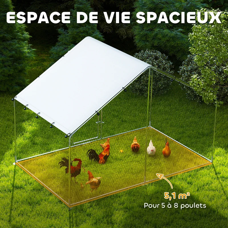 Enclos pour poules extérieur 300 x 170 x 190 cm protection étanche anti uv sécurisé design industriel en métal argent 21_0007990
