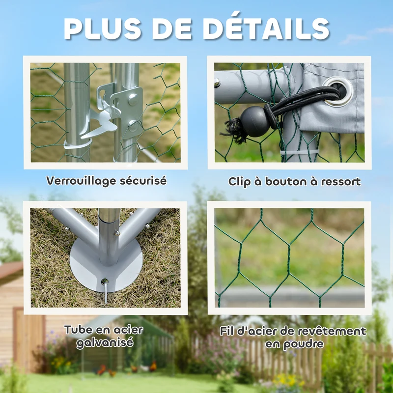 Enclos pour poules extérieur 300 x 170 x 190 cm protection étanche anti uv sécurisé design industriel en métal argent 21_0007990