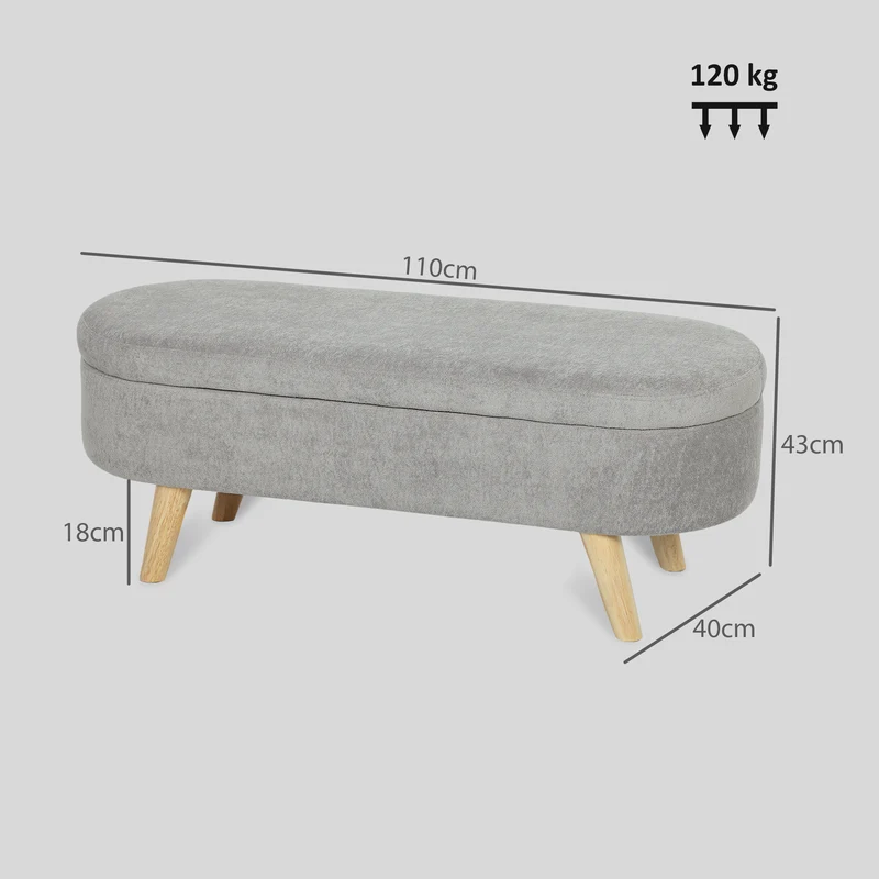Banc coffre bout de lit 110 x 40 x 43 cm assise rembourrée rangement intégré style scandinave chic en tissu gris clair 21_0001619
