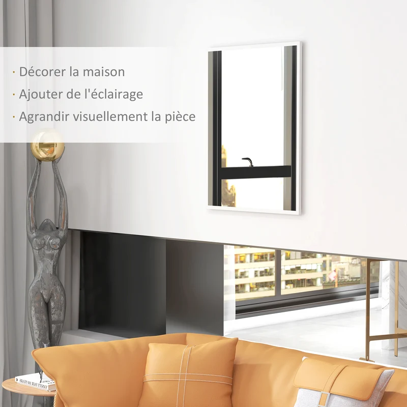Miroir mural rectangulaire salle de bain salon chambre 70 x 90 cm illumine agrandit l'espace moderne épuré en MDF blanc 21_0001361
