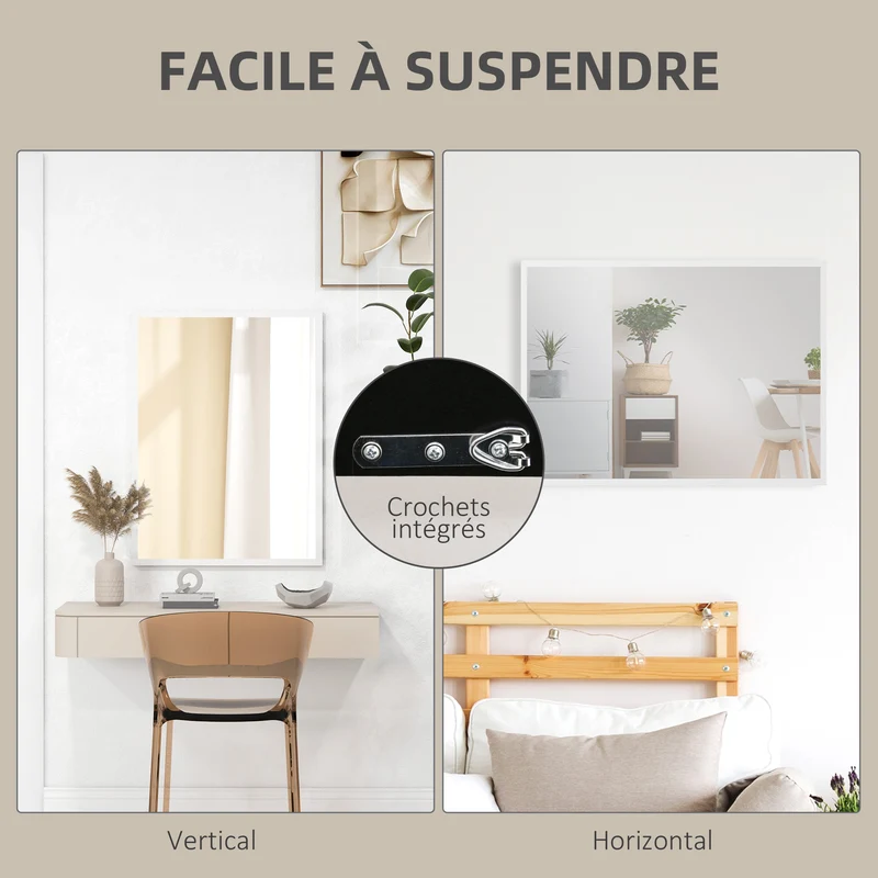 Miroir mural rectangulaire entrée 60 x 80 cm fixation horizontale et verticale éclairant moderne élégant en MDF blanc 21_0001359