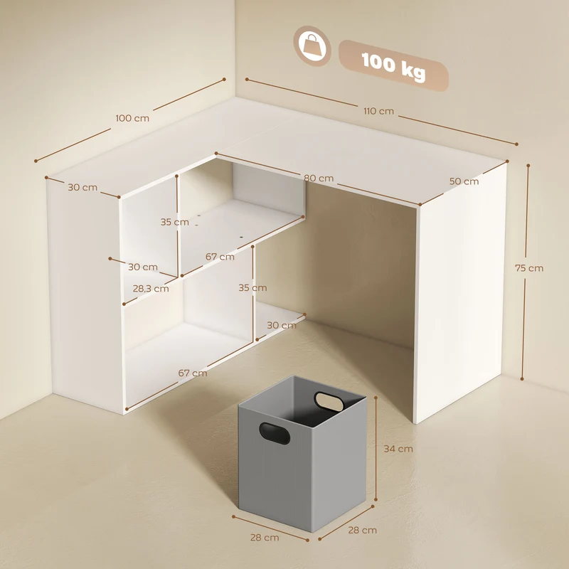 Bureau d'angle 110 x 100 x 75 cm gain de place tiroir fermé compartiments modulables épuré en panneau de particules blanc 21_0006142