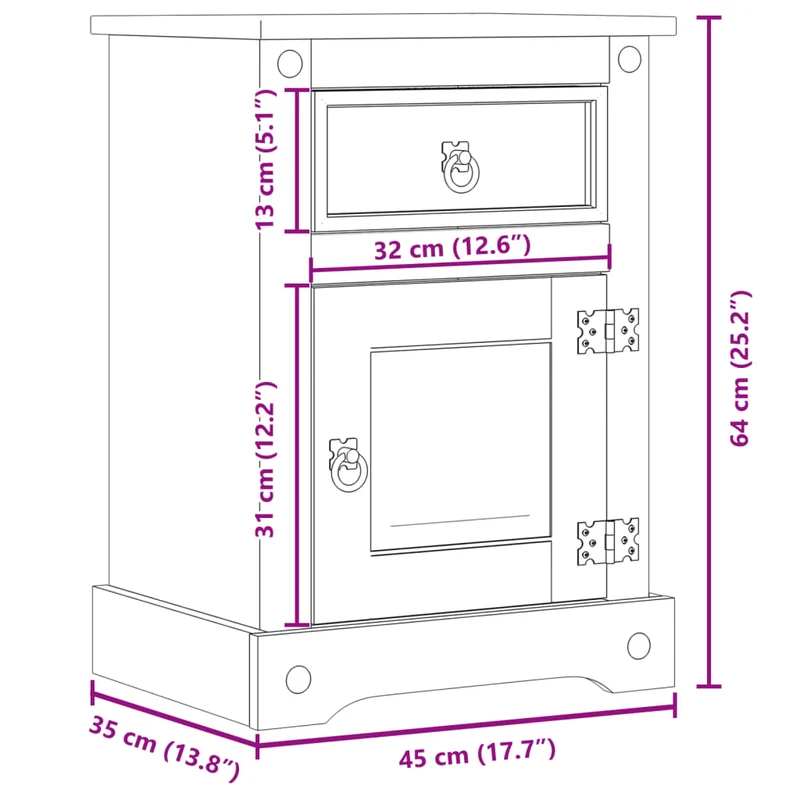 Table de chevet avec tiroir et compartiment avec porte 45 x 35 x 64 cm bois de pin massif DEC033903