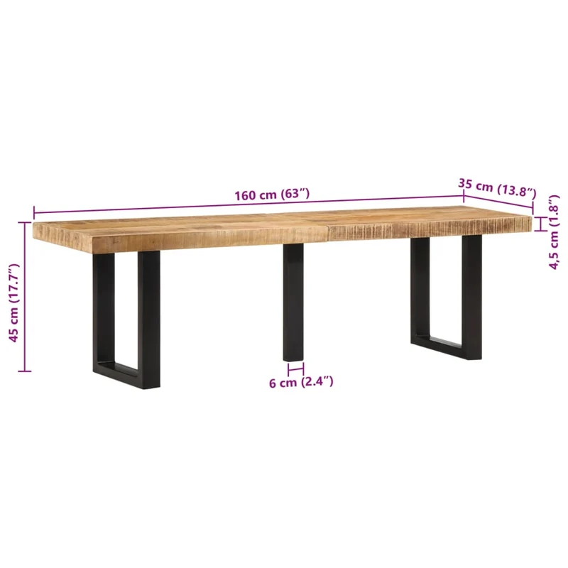 Banc design rustique industriel 160 cm bois de manguier brut massif et pieds en forme de U en acier DEC024694