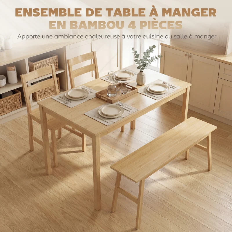 Ensemble salle à manger 4 personnes 118 x 70 x 74 cm gain de place assise pratique moderne scandinave en bambou naturel 21_0003383