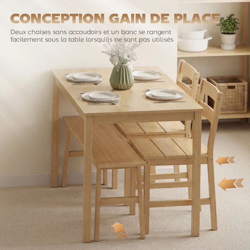 Ensemble salle à manger 4 personnes 118 x 70 x 74 cm gain de place assise pratique moderne scandinave en bambou naturel 21_0003383