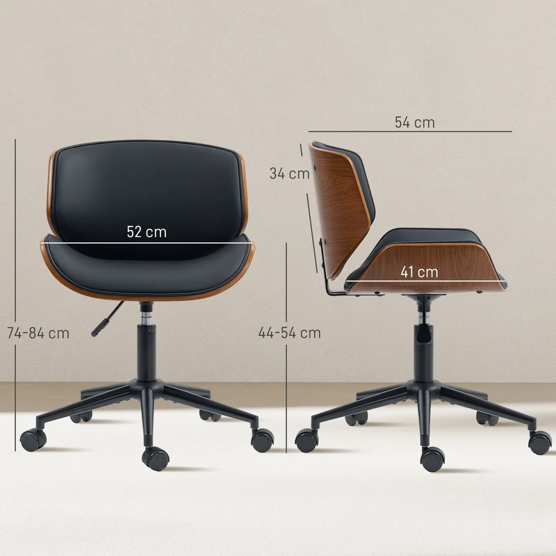 Chaise de bureau sans accoudoirs 52 x 54 x 74-84 cm pivotante réglable assise rembourrée moderne scandinave en bois noir 21_0006297