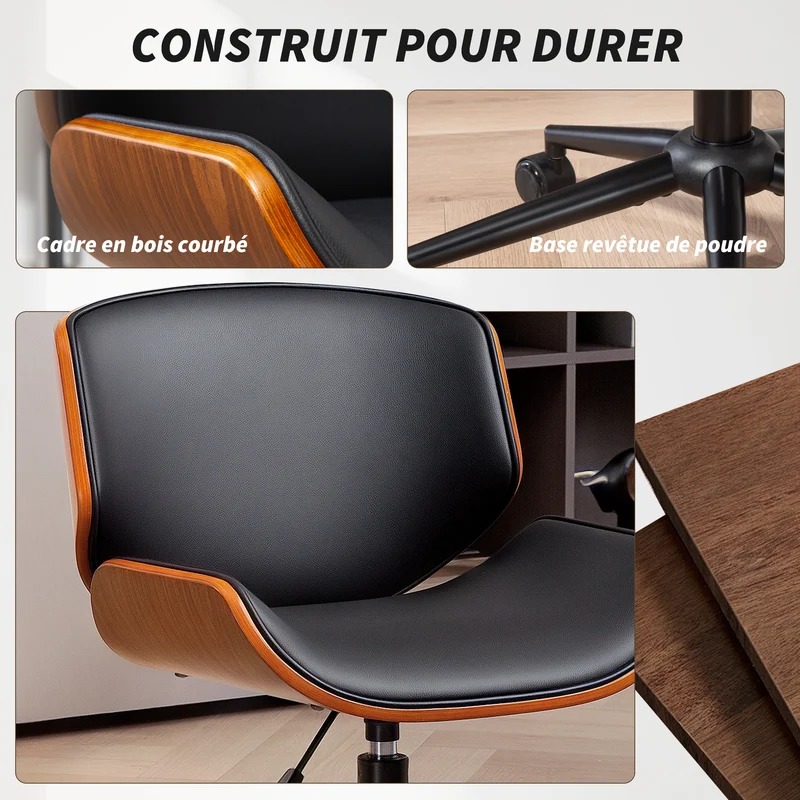 Chaise de bureau sans accoudoirs 52 x 54 x 74-84 cm pivotante réglable assise rembourrée moderne scandinave en bois noir 21_0006297