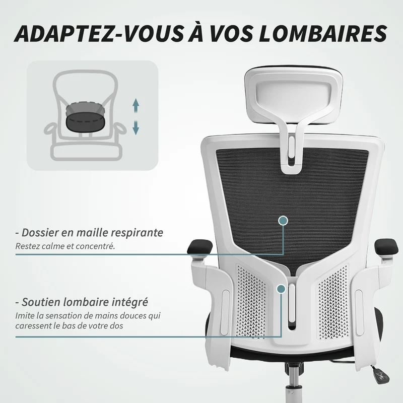Chaise de bureau ergonomique 60 x 63 x 120 cm appui-tête réglable soutien lombaire design contemporain en maille noir 21_0006320