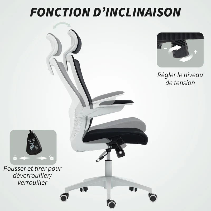 Chaise de bureau ergonomique 60 x 63 x 120 cm appui-tête réglable soutien lombaire design contemporain en maille noir 21_0006320