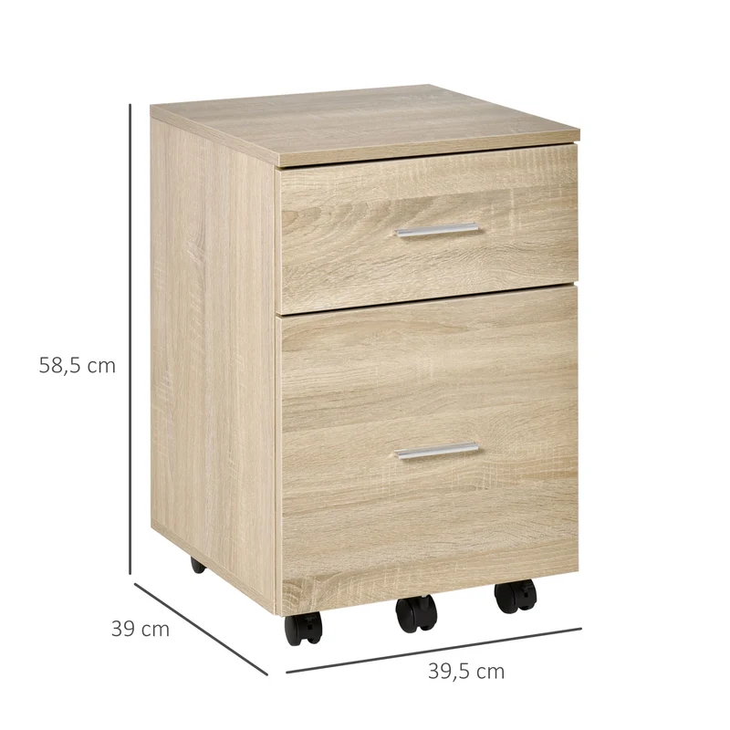 Caisson de bureau mobile 39,5 x 39 x 58,5 cm 2 tiroirs compact roulettes moderne pratique en panneau de particules chêne 21_0006381