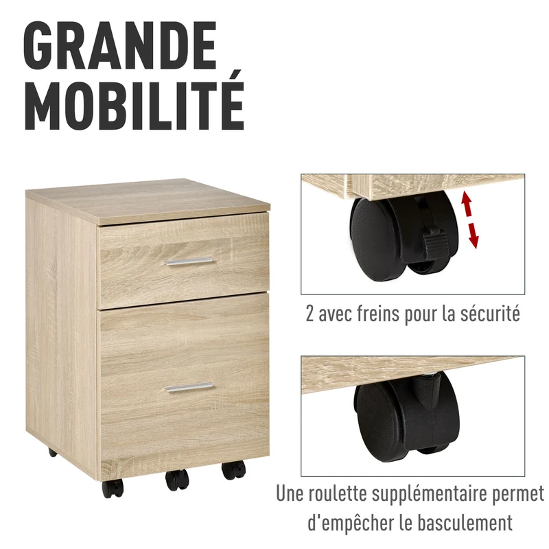 Caisson de bureau mobile 39,5 x 39 x 58,5 cm 2 tiroirs compact roulettes moderne pratique en panneau de particules chêne 21_0006381