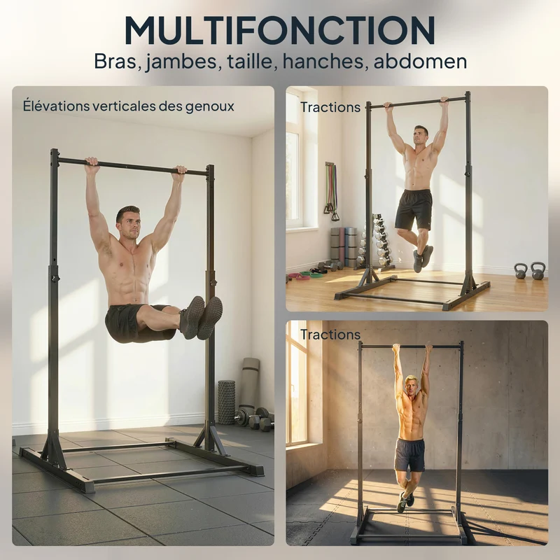 Station de musculation traction 128 x 120 x 195 cm 8 niveaux réglables charge 200 kg style industriel en acier noir 21_0006880