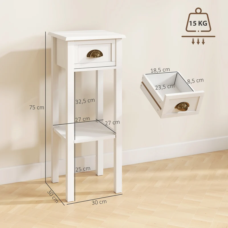 Lot de 2 tables d'appoint étroites chevet 30 x 30 x 75 cm tiroir et étagère salon entrée style contemporain en MDF blanc 21_0002836