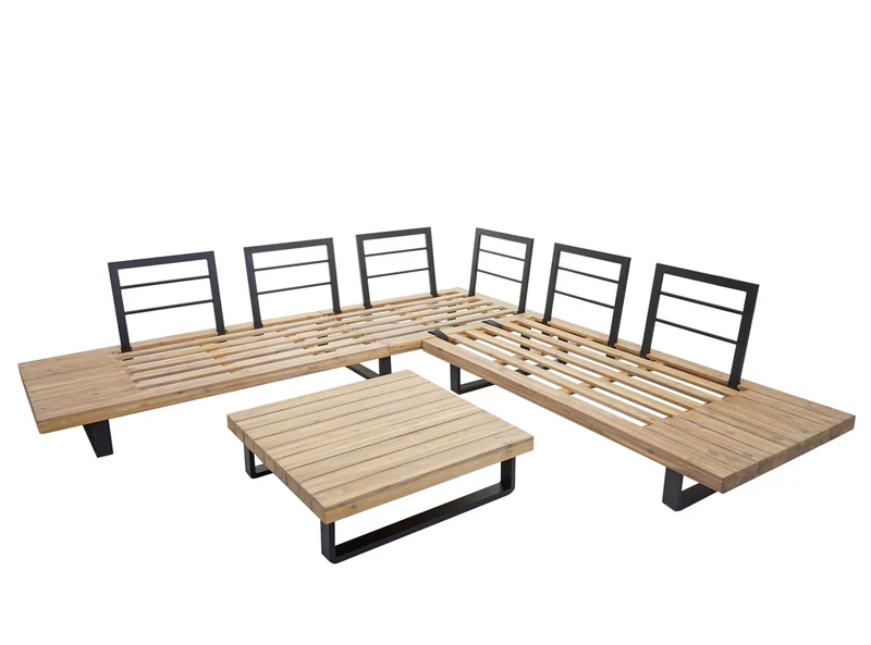 Salon de jardin terrasse balcon luxe ensemble canapé table en bois FSC certifié coussin gris clair 04_0003261