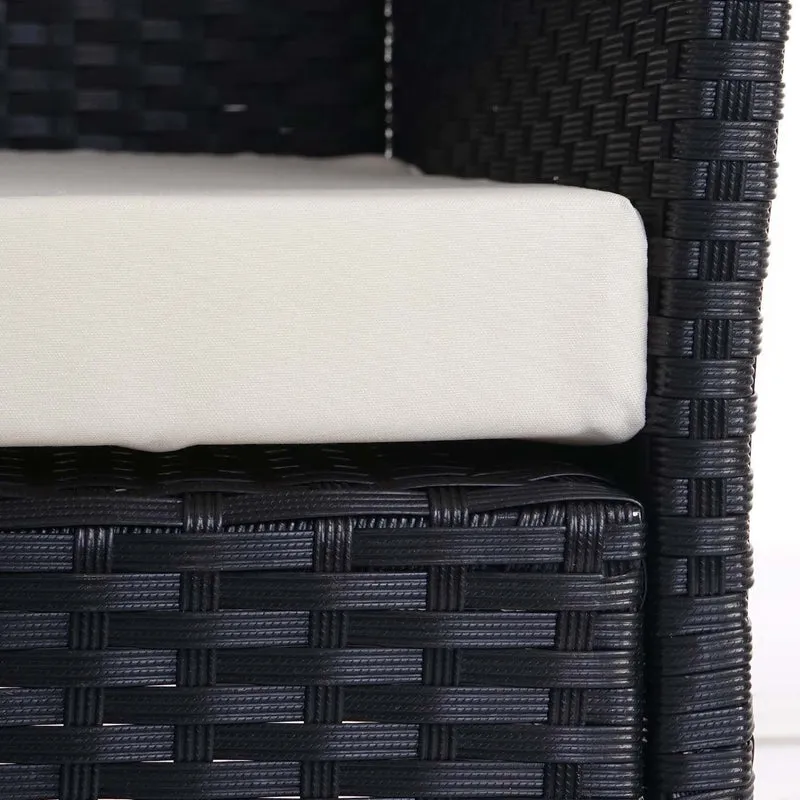 Banc de jardin banquette en polyrotin anthracite chiné avec coussin crème MDJ04134