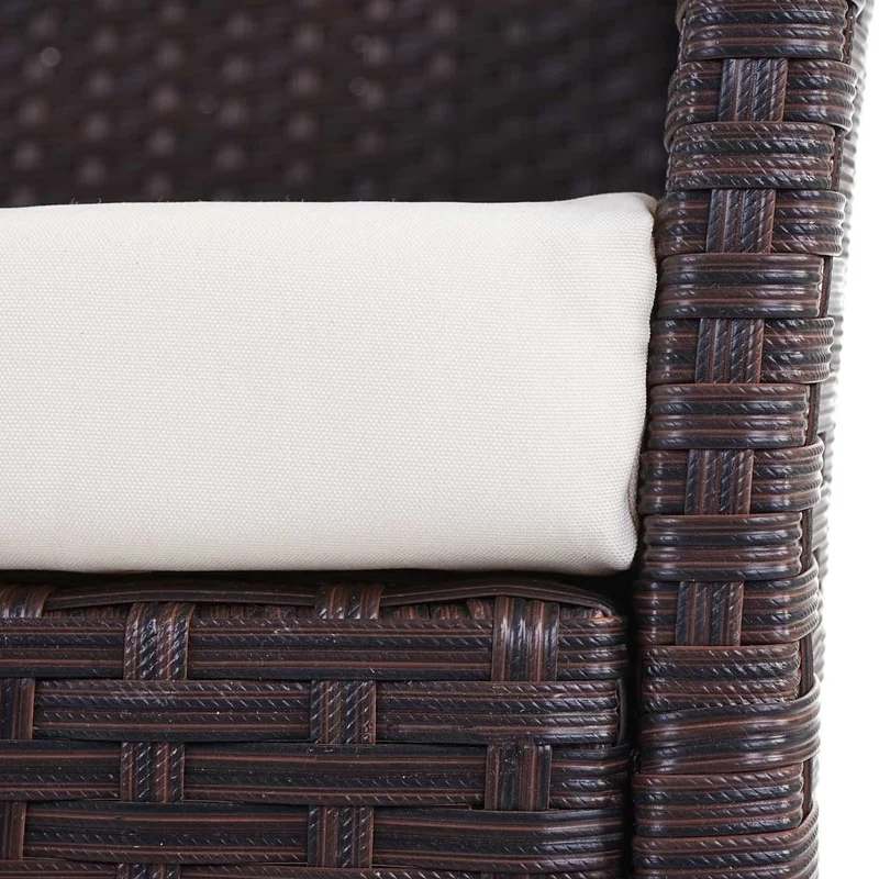 Banc de jardin banquette en polyrotin marron chiné avec coussin crème MDJ04136
