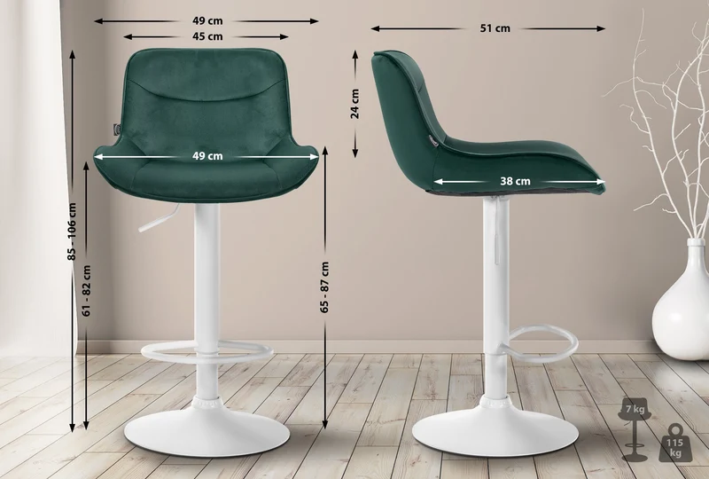 Lot de 2 tabourets de bar pivotant forme ergonomique surpiqûres décoratives en velours vert cadre en métal blanc 10_0006600