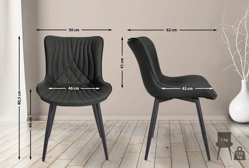 Chaise de salle à manger x1 coutures décoratives en PVC noir et pieds en métal noir 10_0002178
